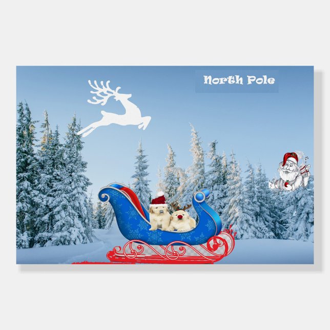 North Pole  Foam Board (Illustration of a winter scene with a blue and red sleigh carrying two golden retriever puppies!)