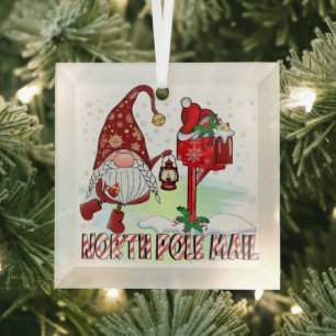 North Pole Mail Gnome Mailbox Lantern Glass Ornament