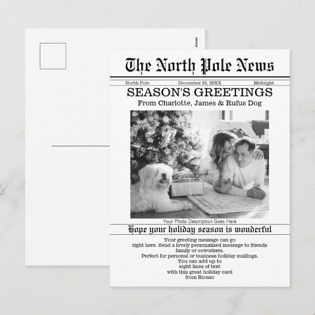 North Pole News Christmas Newspaper Personalized Holiday Postcard (Front/Back)