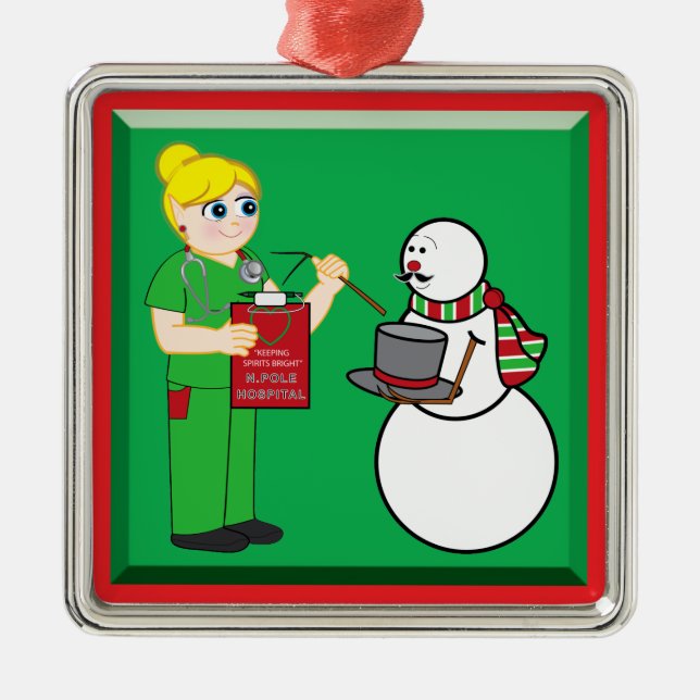 North Pole Nurse and Snowman with Broken Arm Metal Ornament (Front)