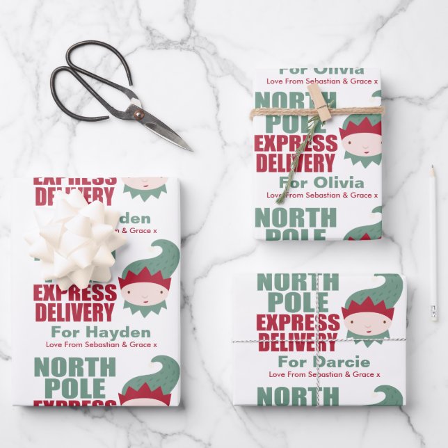 North Pole Personalized Christmas Express Delivery Wrapping Paper Sheets (Front)