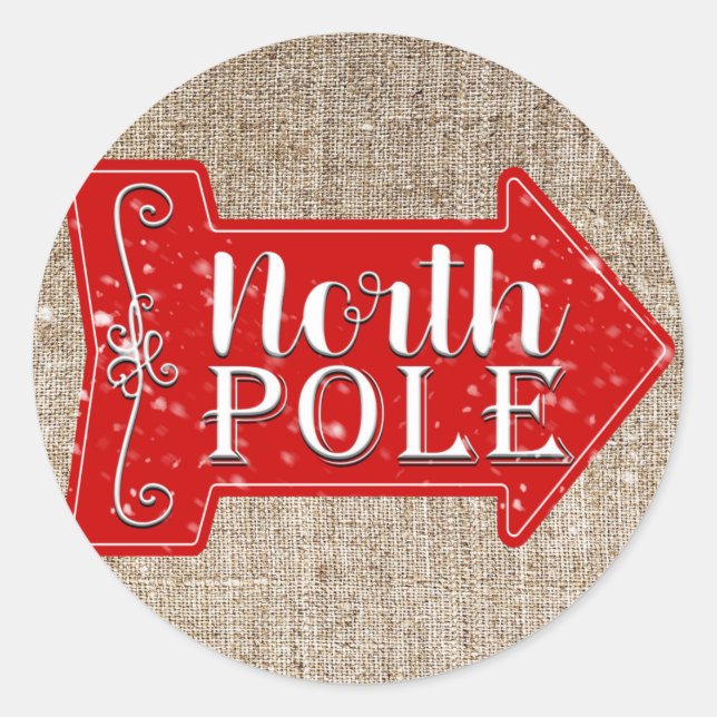 North Pole Red Arrow Rustic Christmas Holiday Classic Round Sticker (Front)