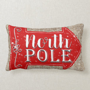 North Pole Red Arrow Rustic Christmas Holiday Lumbar Pillow