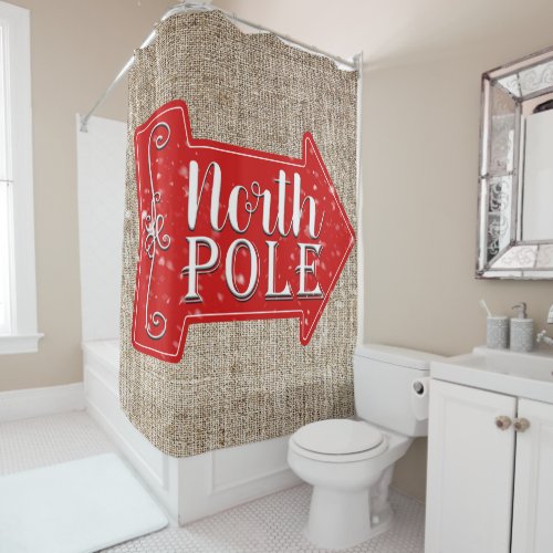 North Pole Red Arrow Rustic Christmas Holiday Shower Curtain