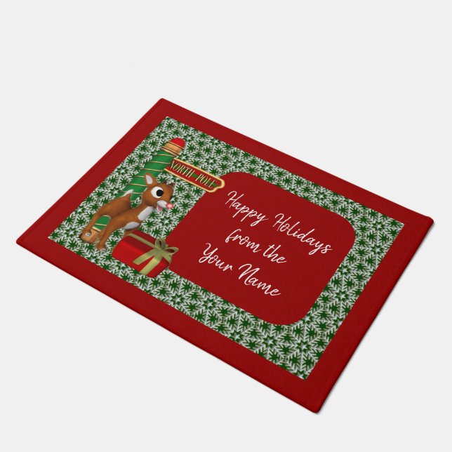 North Pole Reindeer Christmas Holiday Personalized Doormat (Angled)