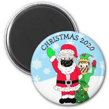 North Pole Santa And Elf In Facemask 2020 Keepsake Magnet by FeelingLikeChristmas at Zazzle