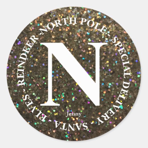 North Pole Santa Delivery Name Gold Glitter 2 Classic Round Sticker