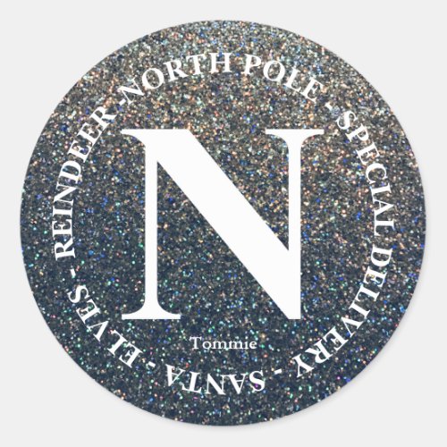 North Pole Santa Delivery Name Silver Glitter Classic Round Sticker