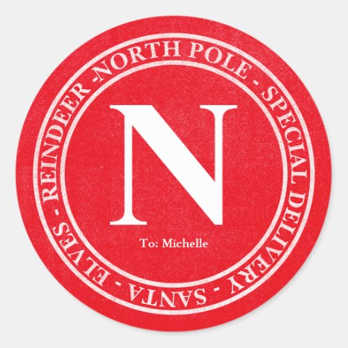 North Pole Santa Logo Special Delivery Name Red 2 Classic Round Sticker
