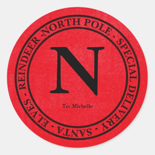 North Pole Santa Special Delivery Name Red  B 2 Classic Round Sticker