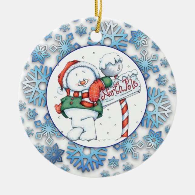North Pole Snowman Ceramic Ornament (Front)
