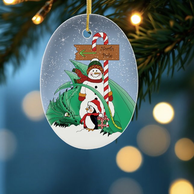 North Pole Snowman Dragon Penguin Christmas  Ceramic Ornament (Creator Uploaded)