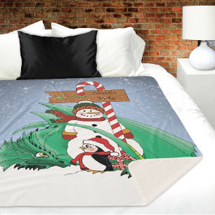 North Pole Snowman Dragon Penguin Christmas  Sherpa Blanket
