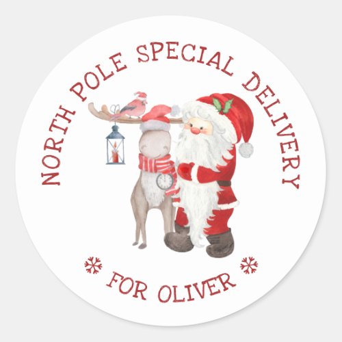 North Pole Special Delivery Cute Santa  Reindeer Classic Round Sticker