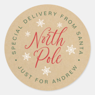 North Pole Special Delivery Kraft Brown Custom Classic Round Sticker