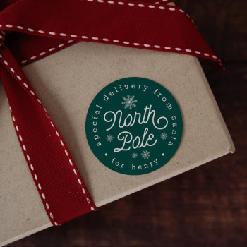 North Pole Special Delivery Personalized Christmas Classic Round Sticker by RedwoodAndVine at Zazzle