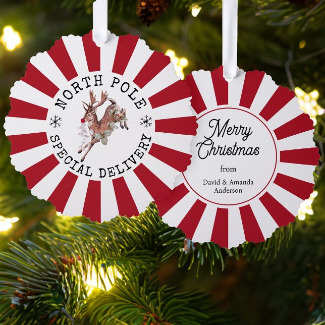 North Pole Special Delivery Rudolph Christmas Ornament Card (North Pole Special Delivery ornament card with Rudolph the Red Nosed Reindeer!)
