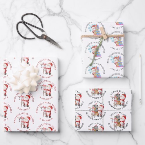 North Pole Special Delivery Santa Stamps Set of 3 Wrapping Paper Sheets