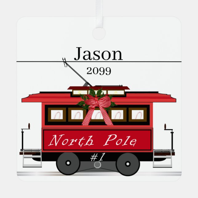 North Pole Trolley Square Ornament (Front)