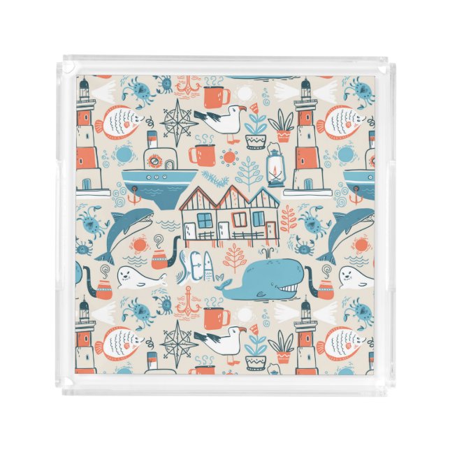 North Sea Cute Doodle Pattern Acrylic Tray (Front)
