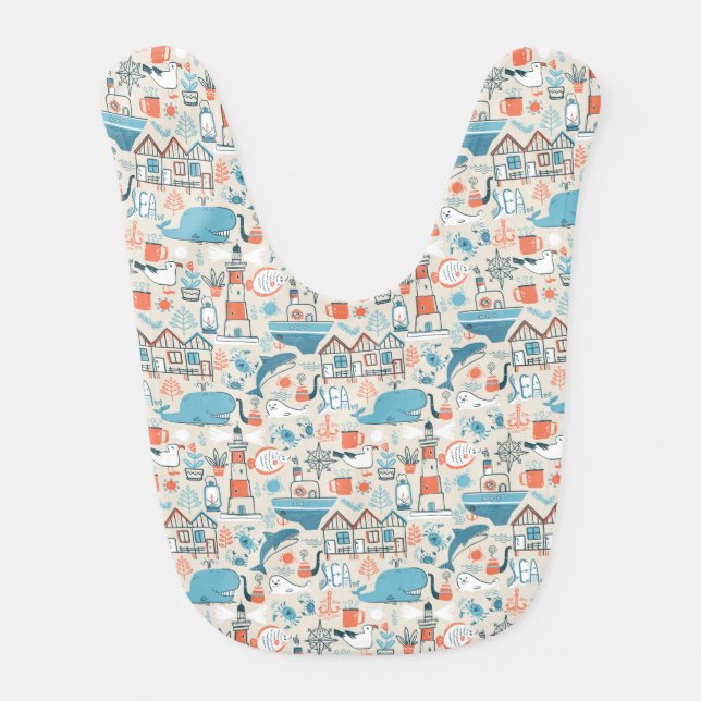 North Sea Cute Doodle Pattern Baby Bib (Front)