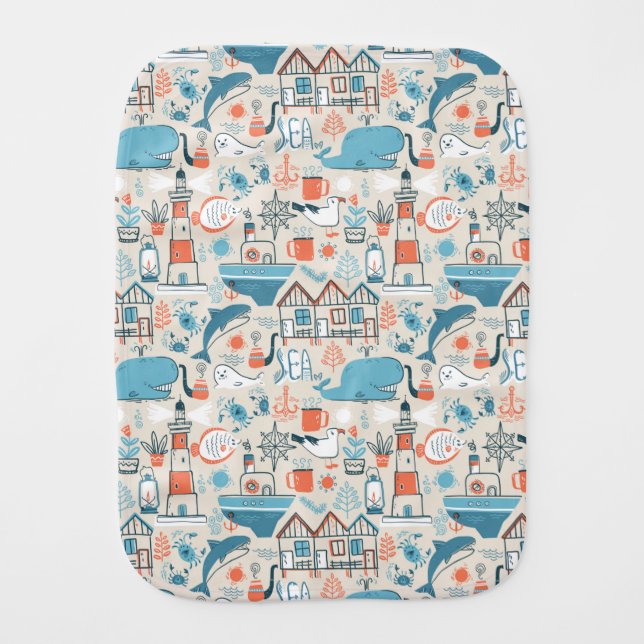 North Sea Cute Doodle Pattern Baby Burp Cloth (Front)