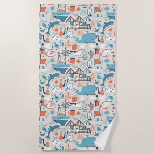 North Sea Cute Doodle Pattern Beach Towel (Front)