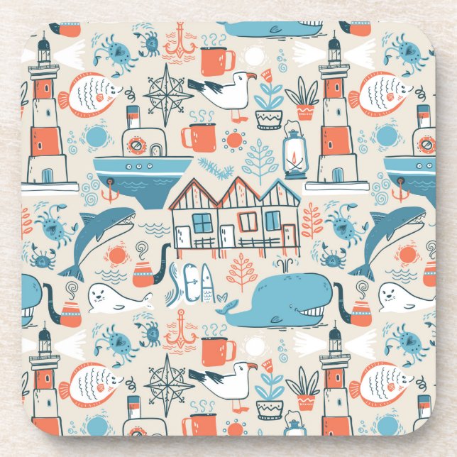 North Sea Cute Doodle Pattern Beverage Coaster (Front)