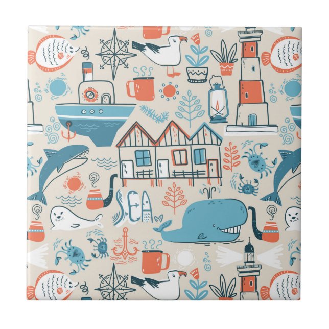 North Sea Cute Doodle Pattern Ceramic Tile (Front)