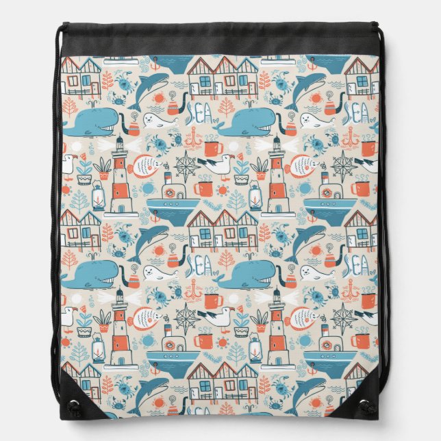 North Sea Cute Doodle Pattern Drawstring Bag (Front)