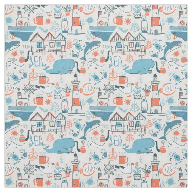 North Sea Cute Doodle Pattern Fabric (Swatch)