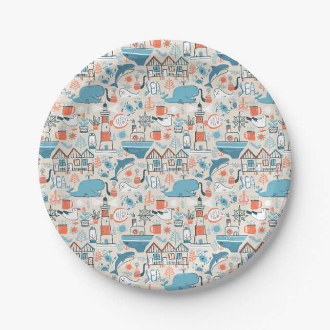 North Sea Cute Doodle Pattern Paper Plates (Front)