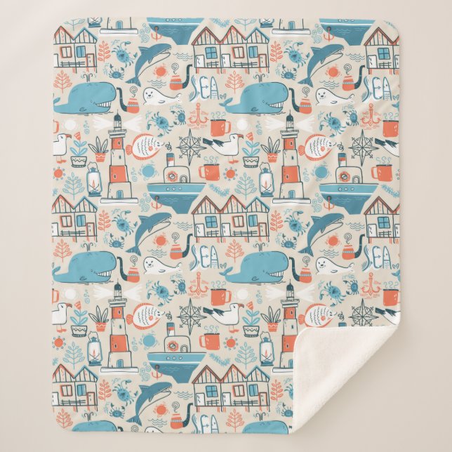 North Sea Cute Doodle Pattern Sherpa Blanket (Front)