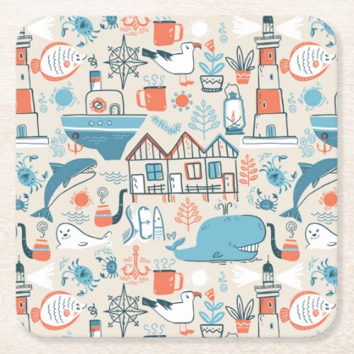 North Sea Cute Doodle Pattern Square Paper Coaster