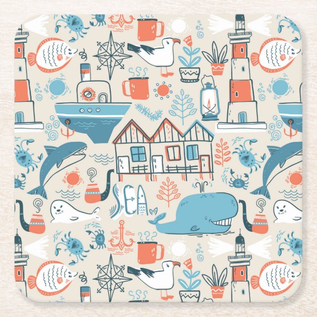 North Sea Cute Doodle Pattern Square Paper Coaster (Front)