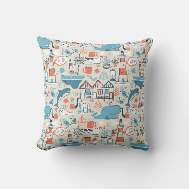 North Sea Cute Doodle Pattern Throw Pillow (Front)