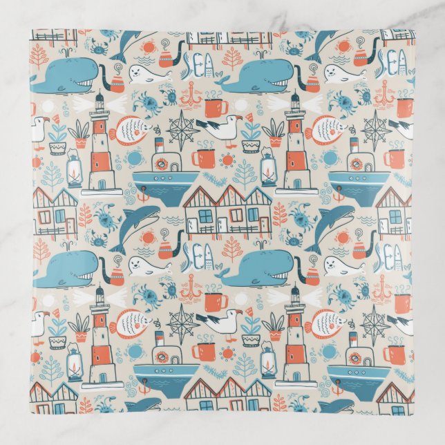North Sea Cute Doodle Pattern Trinket Tray (Front)