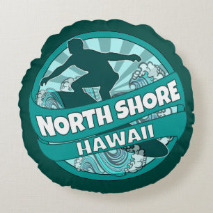 North Shore Hawaii teal surfer logo round pillow