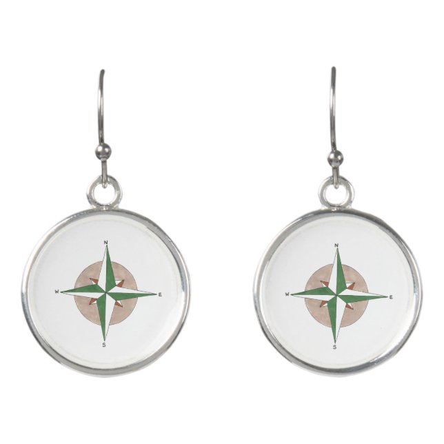 North South East West Camping Hiking Compass Earrings (Front)