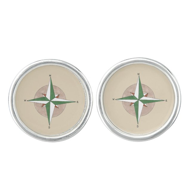 North South East West Camping Hiking Compass Tan Cufflinks (Front)