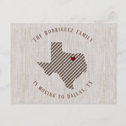 North Texas Brown Linen and Heart Texas Moving Announcement Postcard