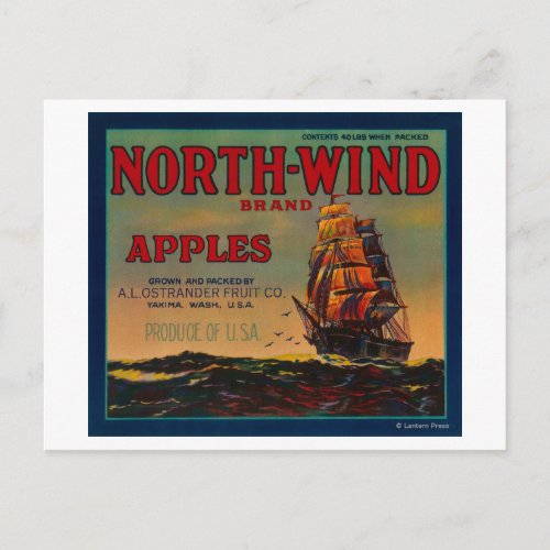 North Wind Apple Crate LabelYakima WA Postcard