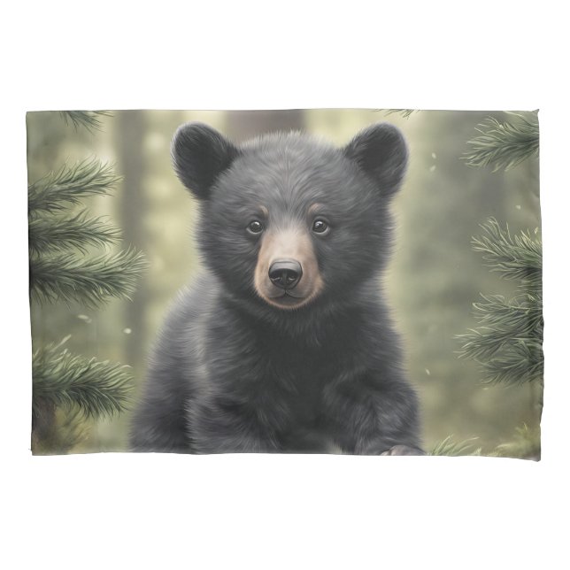 North Woods Little Black Bear Cub Pillow Case (Front)