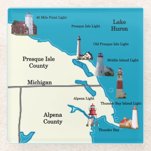 Northeastern Michigan Lighthouses glass coaster (Front)