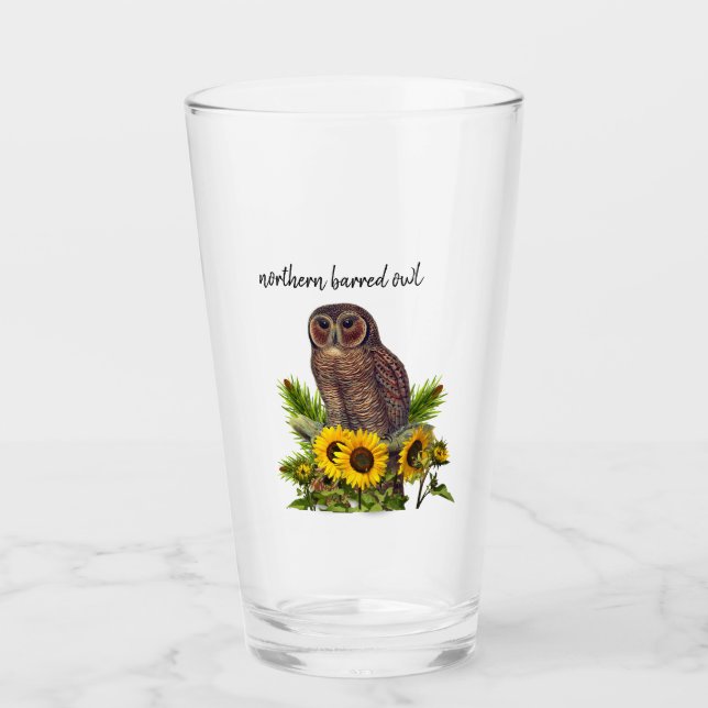 Northern Barred Owl with Sunflowers Pint Glass Cup (Front)