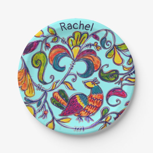 Northern Bird Folk Art and your name Paper Plates (Front)