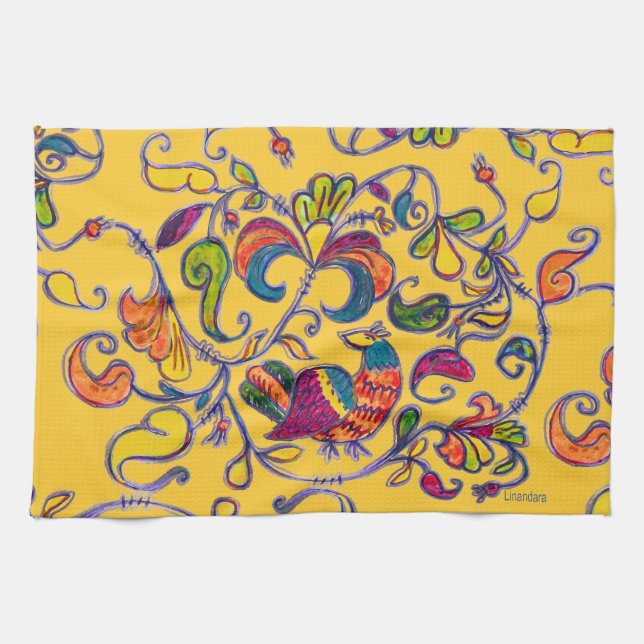 Northern Bird on Yellow Kitchen Towel (Horizontal)