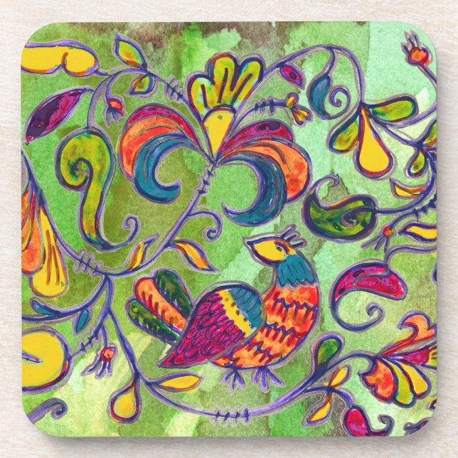 Northern Birds on grass green Beverage Coaster (Front)