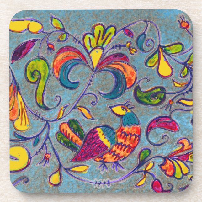 Northern Birds Russian Folk Art Coaster (Front)