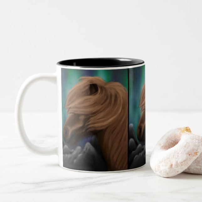 Northern Breeze: Icelandic Horse in Midnight Gust Two-Tone Coffee Mug (With Donut)
